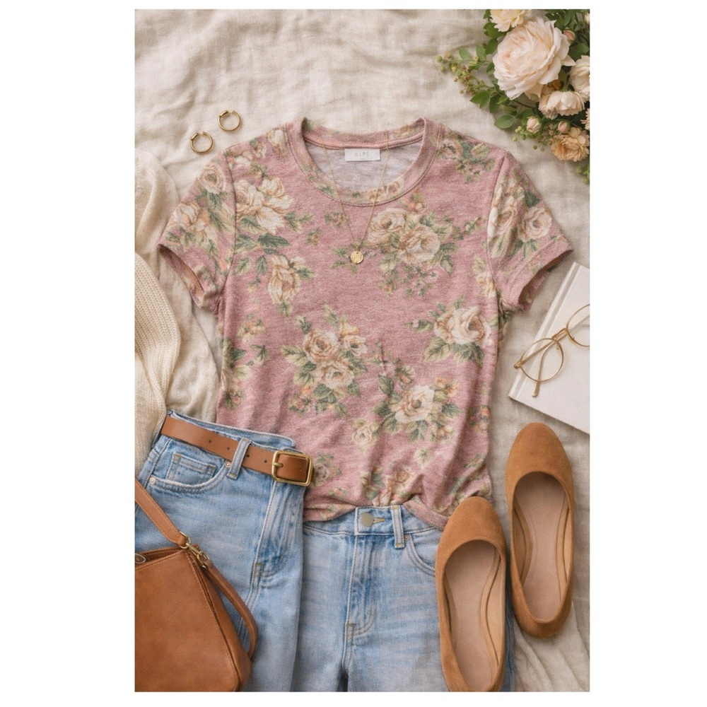 RIPE Floral Knit Soft Stretchy Tee Dusty Rose Sz S Rayon Blend Cottagecore Boho - Picture 8 of 16